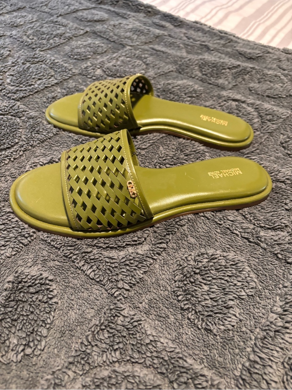 Michael Kors Olive Green Woven Slide Sandals